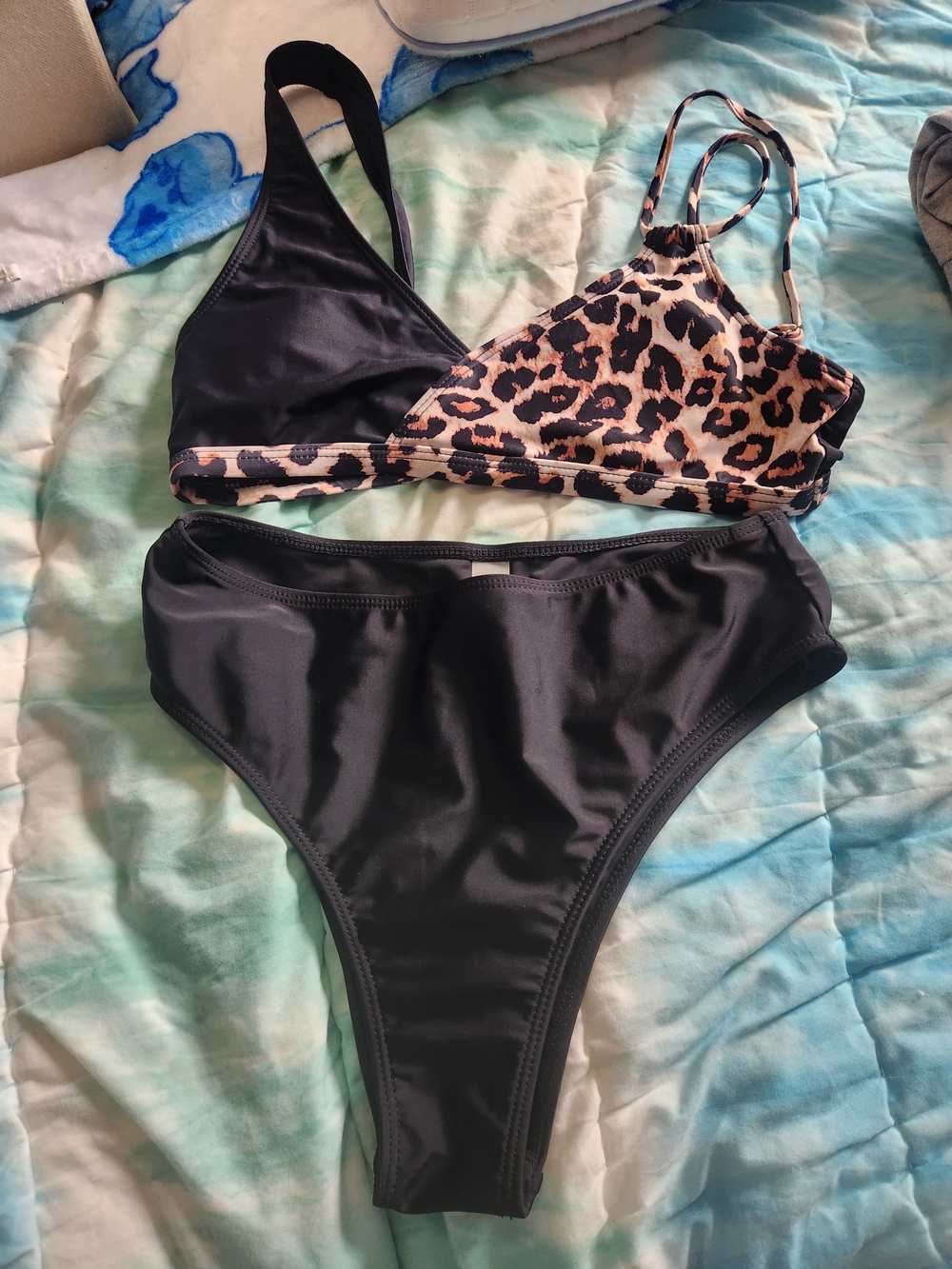 Black Bikini with Leopard Print Triangle Top